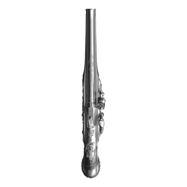 Bottom view of the 2025 Samoa George Washington’s Flintlock Pistol 2 oz Silver 3D Shaped Coin showing the underside of the barrel, trigger guard, and antique-finished contours