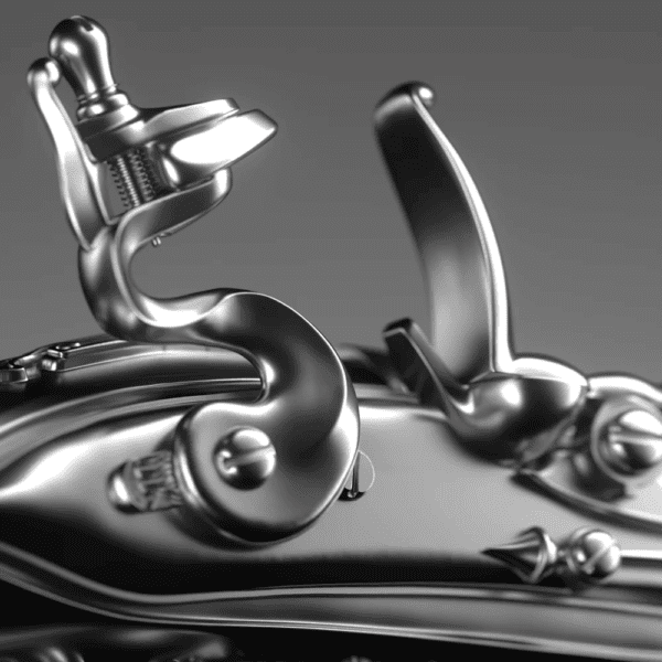 Close-up of the 2025 Samoa George Washington’s Flintlock Pistol 2 oz Silver 3D Shaped Coin showing engraved barrel details, antique finish, and textured grip craftsmanship.