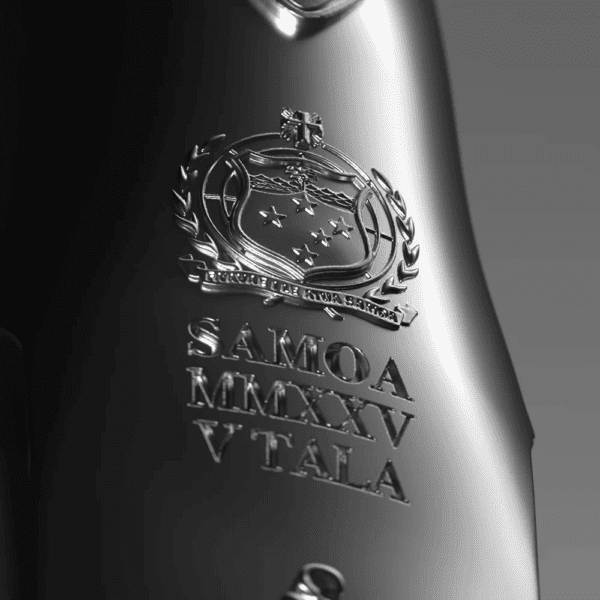 Zoomed-in detail of the 2025 Samoa George Washington’s Flintlock Pistol 2 oz Silver 3D Shaped Coin showing engraved scrollwork, antique finish, and textured grip craftsmanship.