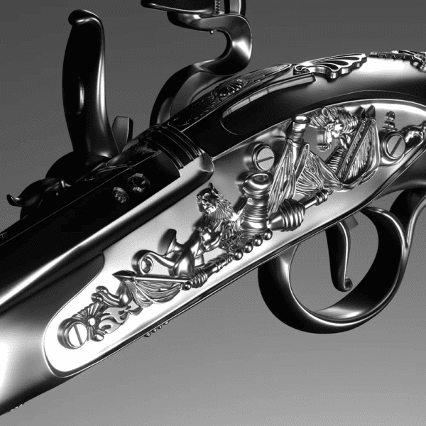 Zoomed-in view of the 2025 Samoa George Washington’s Flintlock Pistol 2 oz Silver 3D Shaped Coin showing intricate barrel engravings, antique finish, and textured grip details.