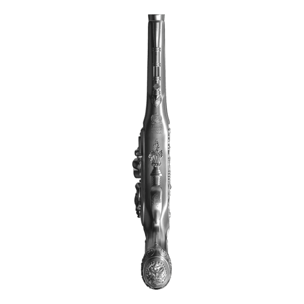 Top view of the 2025 Samoa George Washington’s Flintlock Pistol 2 oz Silver 3D Shaped Coin showing the full barrel length, antique finish, and sculpted contours of the historic firearm replica