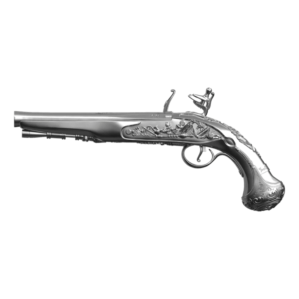 Back of the 2025 Samoa George Washington’s Flintlock Pistol 2 oz Silver 3D Shaped Coin featuring engraved “Gen. G. Washington” on the handle, antique finish, and Spectres mint mark.