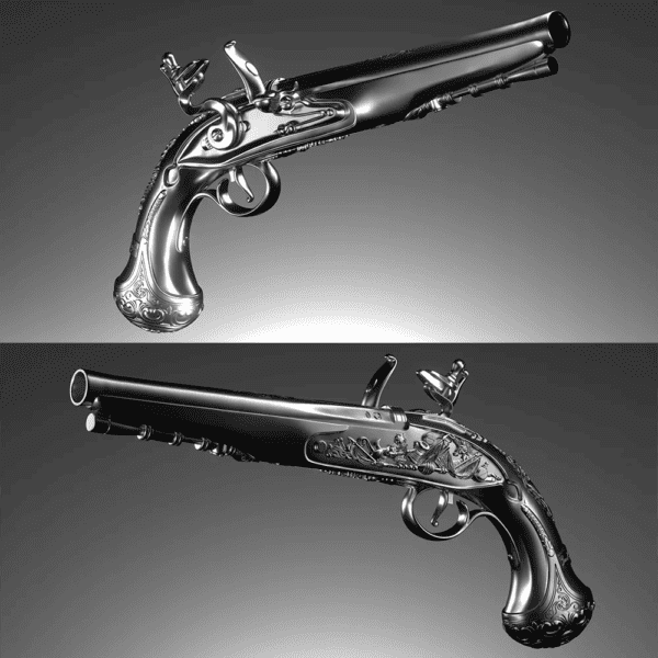 Front and back views of the 2025 Samoa George Washington’s Flintlock Pistol 2 oz Silver 3D Shaped Coin showing detailed 3D sculpting, engraved scrollwork, “Gen. G. Washington” inscription, and antique silver finish.
