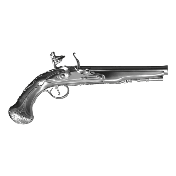 Front of the 2025 Samoa George Washington’s Flintlock Pistol 2 oz Silver 3D Shaped Coin featuring a detailed replica of Washington’s historic firearm with engraved flourishes and antique finish.