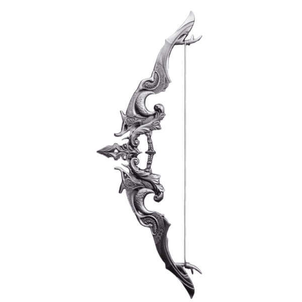 Front view of the 2025 South Korea Divine Weapons Crescent Bow 2 oz Silver Antiqued Bar with detailed mythological engravings.