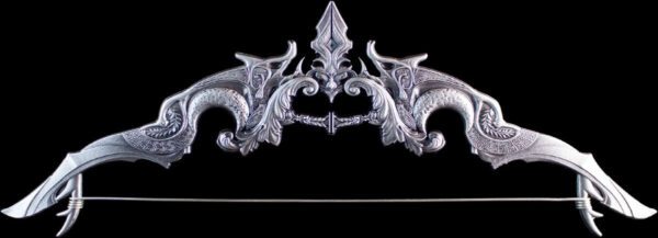 Side angle of the 2025 South Korea Divine Weapons Crescent Bow 2 oz Silver Antiqued Bar showcasing its sculpted depth and antique finish