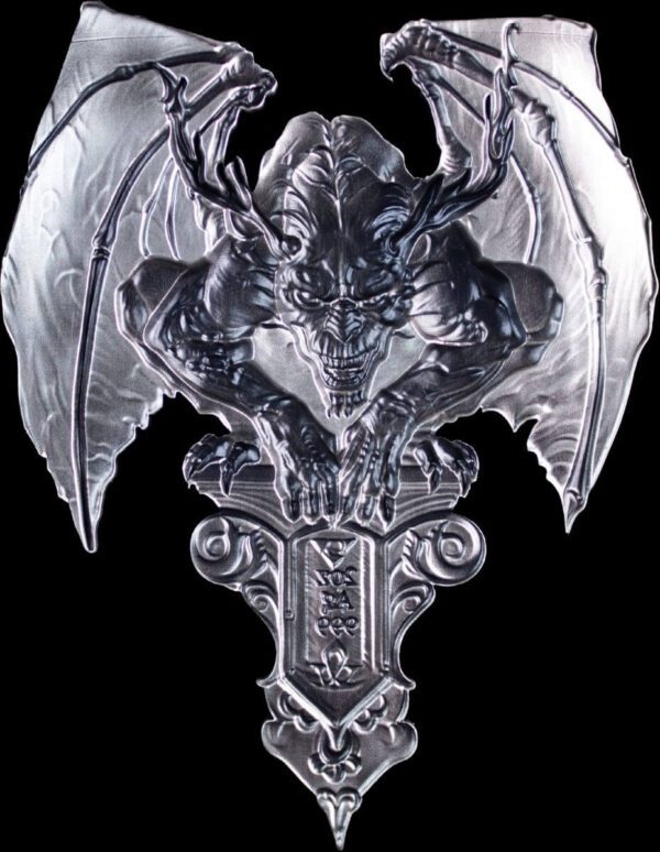 Reverse side of the 2025 South Korea Gargoyle 2 oz Silver High Relief Antiqued Stacker set against a black background, featuring official engravings and stackable design