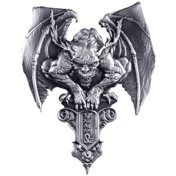 Front-facing image of the 2025 South Korea Gargoyle 2 oz Silver High Relief Antiqued Stacker featuring a detailed sculpted guardian figure.