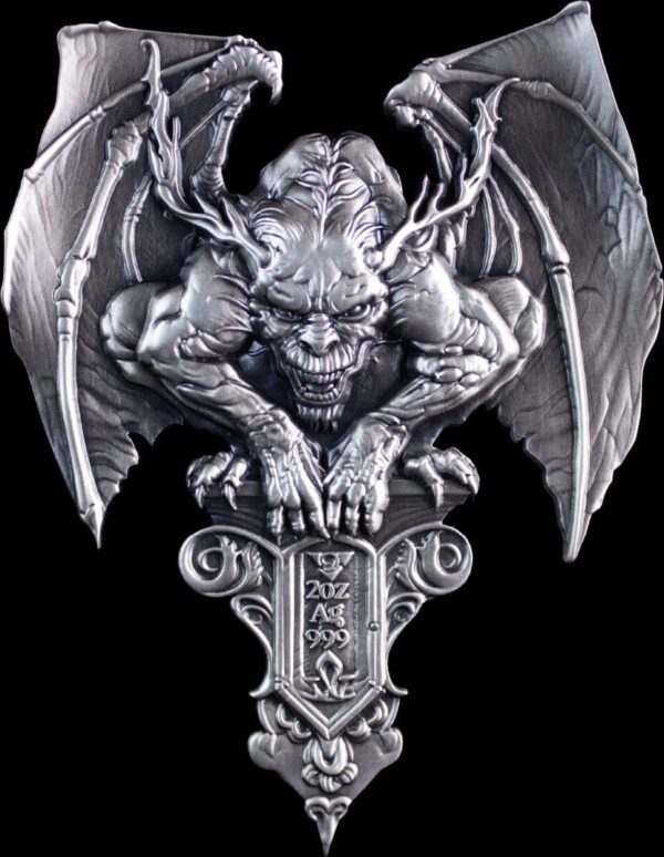 Front view of the 2025 South Korea Gargoyle 2 oz Silver High Relief Antiqued Stacker set against a black background, showcasing a sculpted guardian in gothic detail.