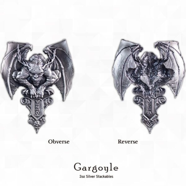 Front and back view of the 2025 South Korea Gargoyle 2 oz Silver High Relief Antiqued Stacker featuring a sculpted guardian on the obverse and precision-marked reverse.