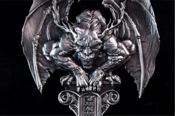 Wide-angle view of the front of the 2025 South Korea Gargoyle 2 oz Silver High Relief Antiqued Stacker against a black background, showcasing full sculptural detail.