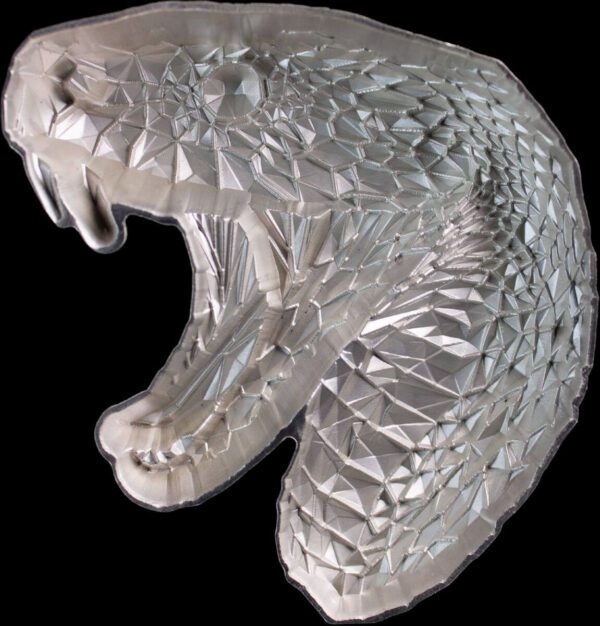 Back view of the 2025 South Korea Lowpoly Lunar Snake 2 oz Silver Antiqued Stacker featuring engraved specifications and precision stacking design.