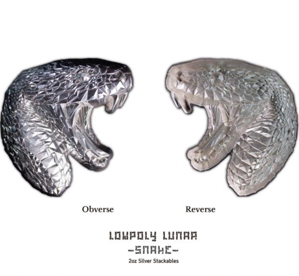 Front and back view of the 2025 South Korea Lowpoly Lunar Snake 2 oz Silver Antiqued Stacker showcasing a geometric serpent design and precision-stamped reverse.
