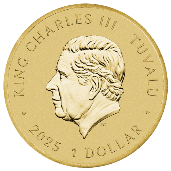 Reverse of the 2025 Tuvalu TMNT 13.5g Base Metal Collector Coin featuring profile effigy of King Charles III with inscriptions “KING CHARLES III TUVALU” around rim and “2025 1 DOLLAR” beneath portrait on polished metal surface.