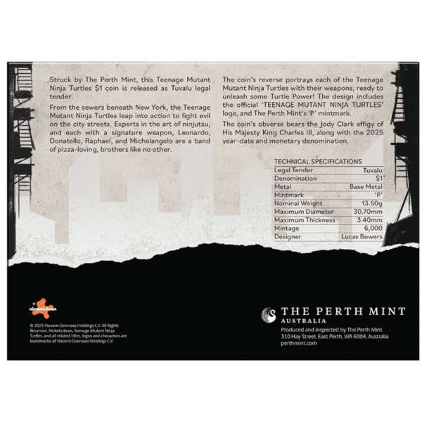 Back of the collector card for the 2025 Tuvalu TMNT 13.5g Base Metal Coin showing origin story text for the Teenage Mutant Ninja Turtles on the left and coin specifications on the right; includes Perth Mint logo and website at bottom.