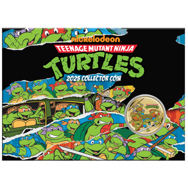 Front of the collector’s card for the 2025 Tuvalu Teenage Mutant Ninja Turtles 13.5g Base Metal Coin featuring full-color illustrations of TMNT characters in action poses; includes “Teenage Mutant Ninja Turtles 2025 Collection Coin” text and image of coin; Nickelodeon logo visible.