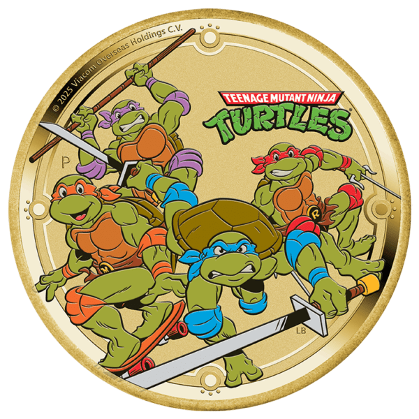 Angled view of the 2025 Tuvalu TMNT 13.5g Base Metal Collector Coin showing full-color illustrations of Leonardo, Donatello, Michelangelo, and Raphael in action poses holding weapons; “Teenage Mutant Ninja Turtles” inscription visible on metallic surface.