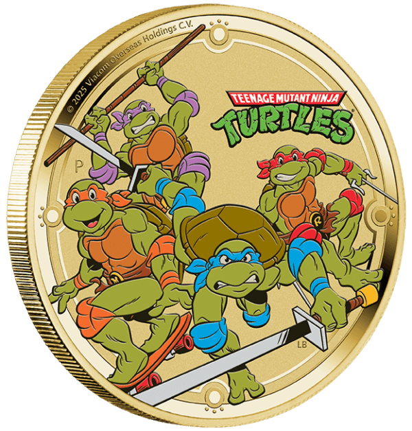 Obverse of the 2025 Tuvalu TMNT 13.5g Base Metal Collector Coin featuring full-color portraits of Leonardo, Michelangelo, Donatello, and Raphael holding weapons; inscription “TURTLES” across top over metallic surface.