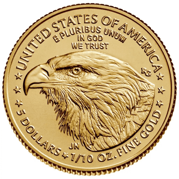 Reverse of the American Eagle 1/10 oz Gold BU Coin featuring either a family of bald eagles or a close-up eagle portrait, depending on the year.