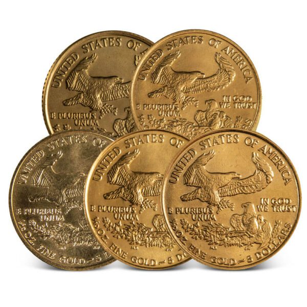 Reverse of the American Eagle 1/10 oz Gold BU Coin showing either a family of bald eagles or a close-up eagle portrait, depending on the year
