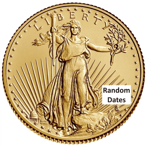 Obverse of the American Eagle 1/10 oz Gold BU Coin featuring Lady Liberty with torch and olive branch, rays of sunlight, and the U.S. Capitol in the background.