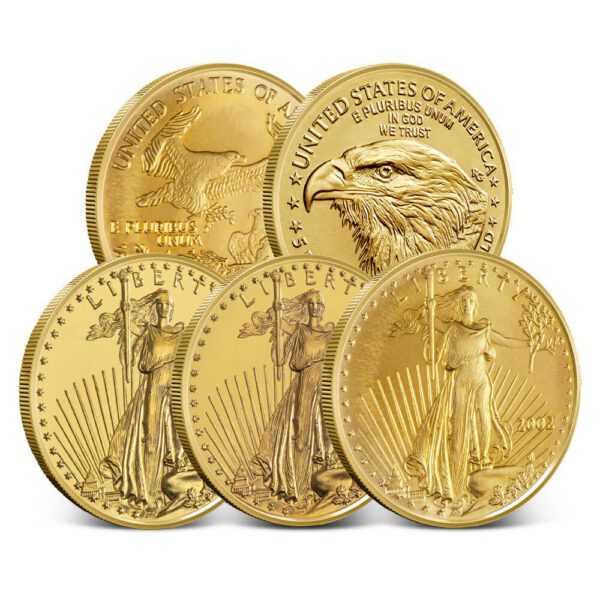 Obverse and reverse of the American Eagle 1/10 oz Gold BU Coin, showing Lady Liberty with torch and olive branch, and either a family of bald eagles or a close-up eagle portrait.