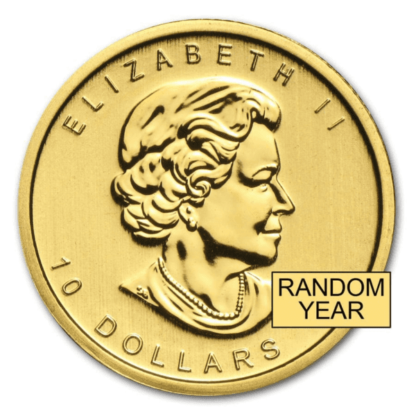 Reverse of the Canadian Maple Leaf 1/4 oz Gold BU Coin featuring a detailed maple leaf with inscriptions denoting purity, weight, and origin