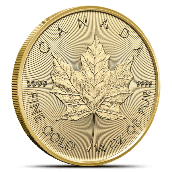 Side view of the Canadian Maple Leaf 1/4 oz Gold BU Coin in capsule, showing its reeded edge, thickness, and brilliant uncirculated finish.