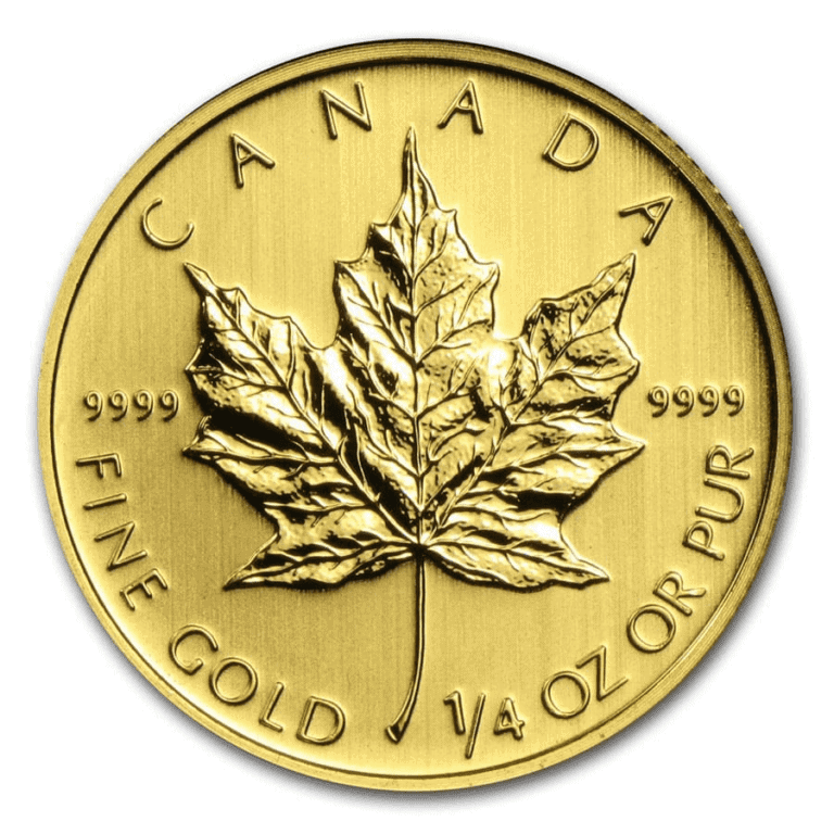 Obverse of the Canadian Maple Leaf 1/4 oz Gold BU Coin featuring Queen Elizabeth II’s effigy with “ELIZABETH II,” face value “10 DOLLARS,” and year of issue.