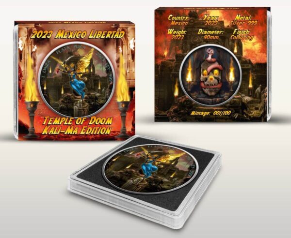 2023 Mexico Libertad Temple of Doom Kali-Ma 1 oz Silver Colorized Coin Front and Back Packaging