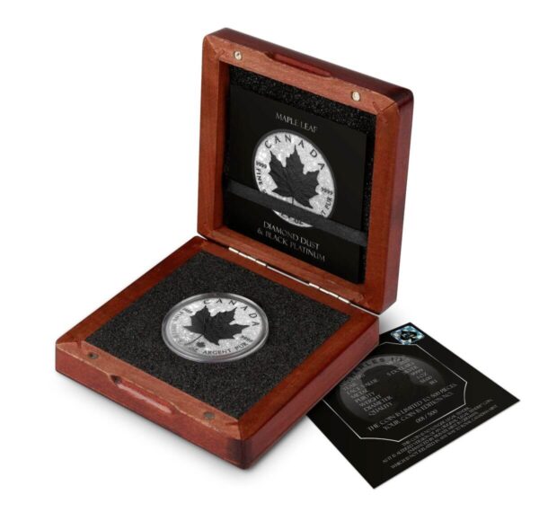 2025 Canada Maple Leaf Diamond Dust & Black Platinum 1oz Silver Ennobled Coin Inside of Box