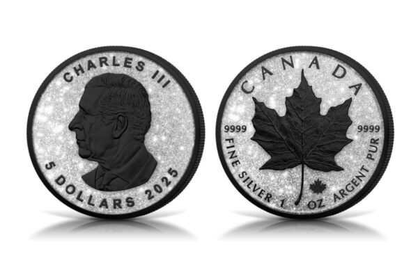 2025 Canada Maple Leaf Diamond Dust & Black Platinum 1oz Silver Ennobled Coin Front and Back