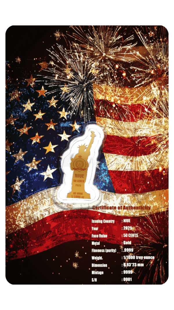The reverse side of a commemorative card for the 2025 Niue 4th of July Statue of Liberty-shaped gold coin. The card features a distressed American flag design as its background, with fireworks exploding in the upper left corner. A small, golden silhouette of the Statue of Liberty is printed in the center-left. Below it, text outlines the coin's specifications and details.