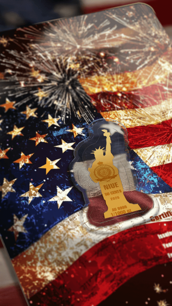 An angled view of the reverse side of the 2025 Niue 4th of July Statue of Liberty-shaped gold coin's commemorative card. The card features a distressed American flag design with stars and stripes, and a bright fireworks display in the upper left. A small golden silhouette of the Statue of Liberty is printed near the center. Below it, white text outlines the coin's specifications and details.