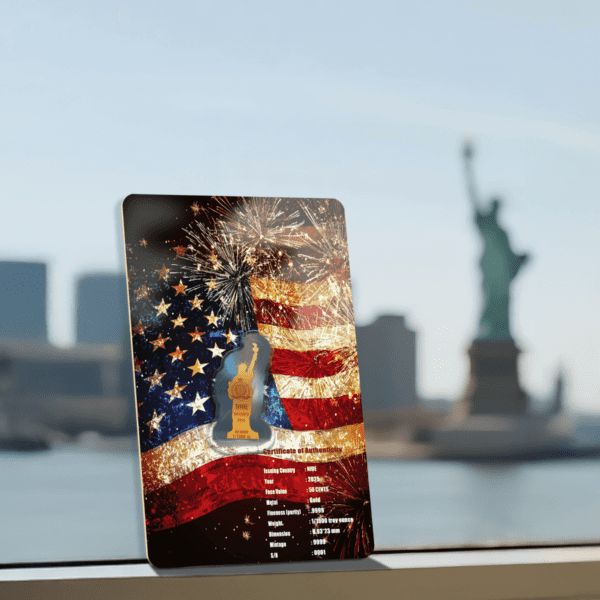 The reverse side of the 2025 Niue 4th of July Statue of Liberty-shaped gold coin's commemorative card, held up with the actual Statue of Liberty visible in the background across the water. The card features a distressed American flag design with fireworks, a golden Statue of Liberty silhouette, and coin specifications. The real Statue of Liberty is green and stands on her pedestal under a clear blue sky.