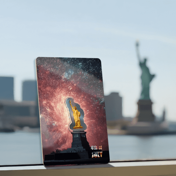 A 2025 Niue 4th of July Statue of Liberty-shaped gold coin in its commemorative card, held up in front of the actual Statue of Liberty, which is visible in the background across a body of water. The coin card features a golden Statue of Liberty silhouette against a dramatic red and orange cosmic nebula. The real Statue of Liberty is green with age and stands on her pedestal under a clear sky.