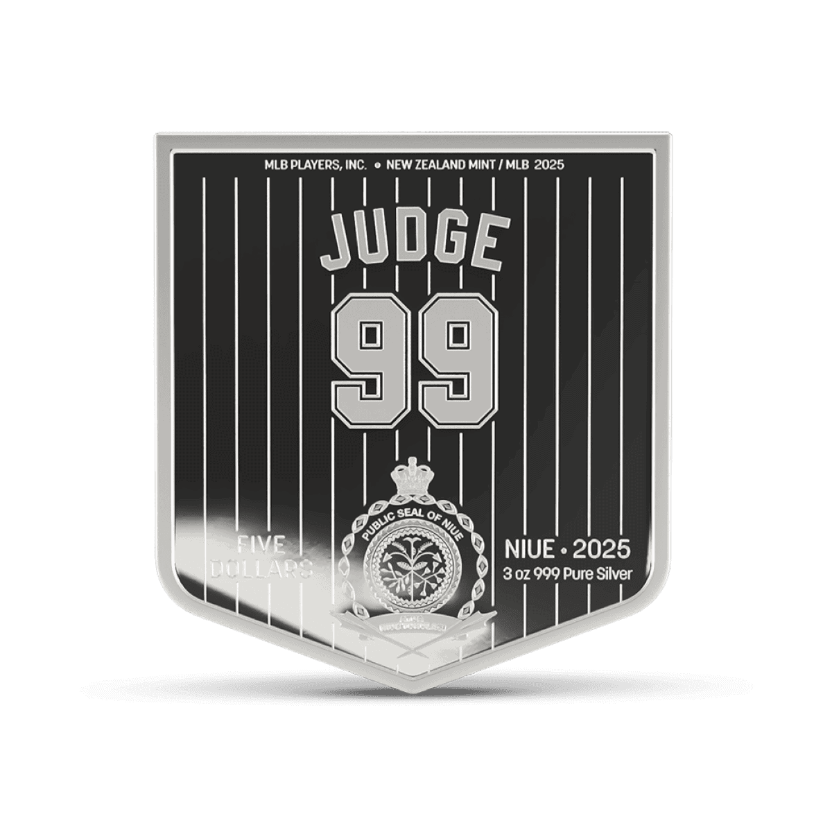 A commemorative silver coin featuring a New Zealand rugby theme with the text "Judge 99" and "Niue 2025," showcasing detailed engravings and the Public Seal of Niue.