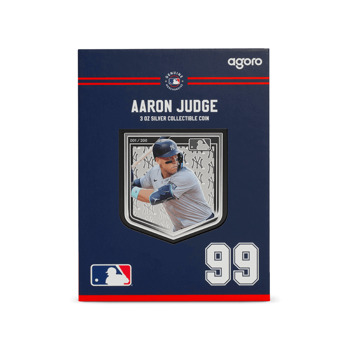 Aaron Judge 3 oz silver collectible coin, New York Yankees player, numbered 001/200, featuring a detailed image of Aaron Judge in batting pose, with MLB and Yankees logos, vintage style design.