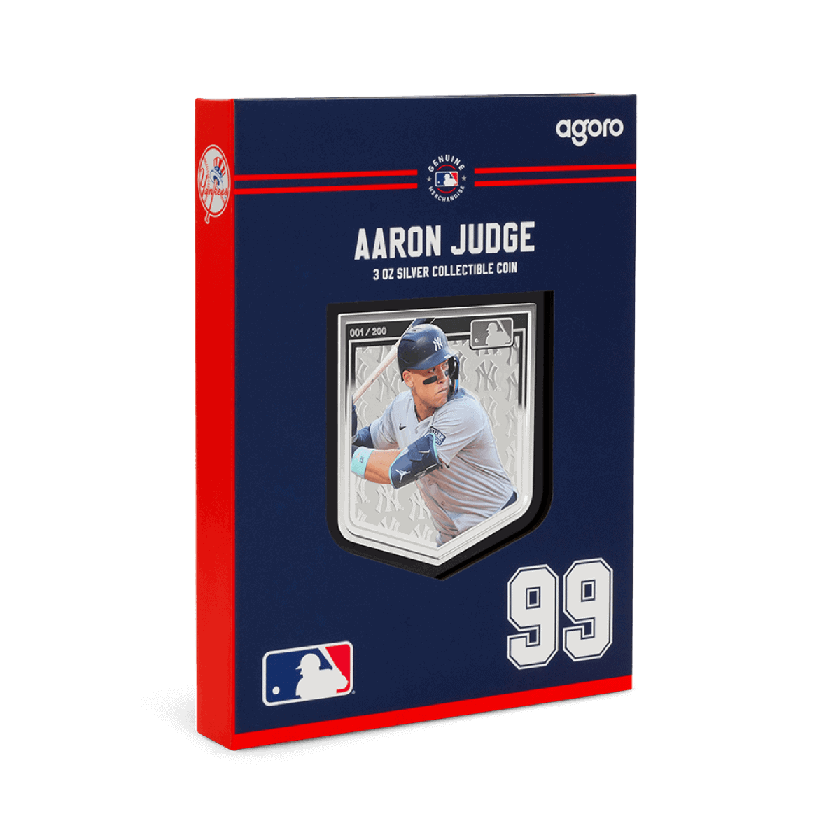 Aaron Judge 3 oz silver collectible coin featuring a baseball player in action, limited edition number 001/200, with MLB and Yankees logos.