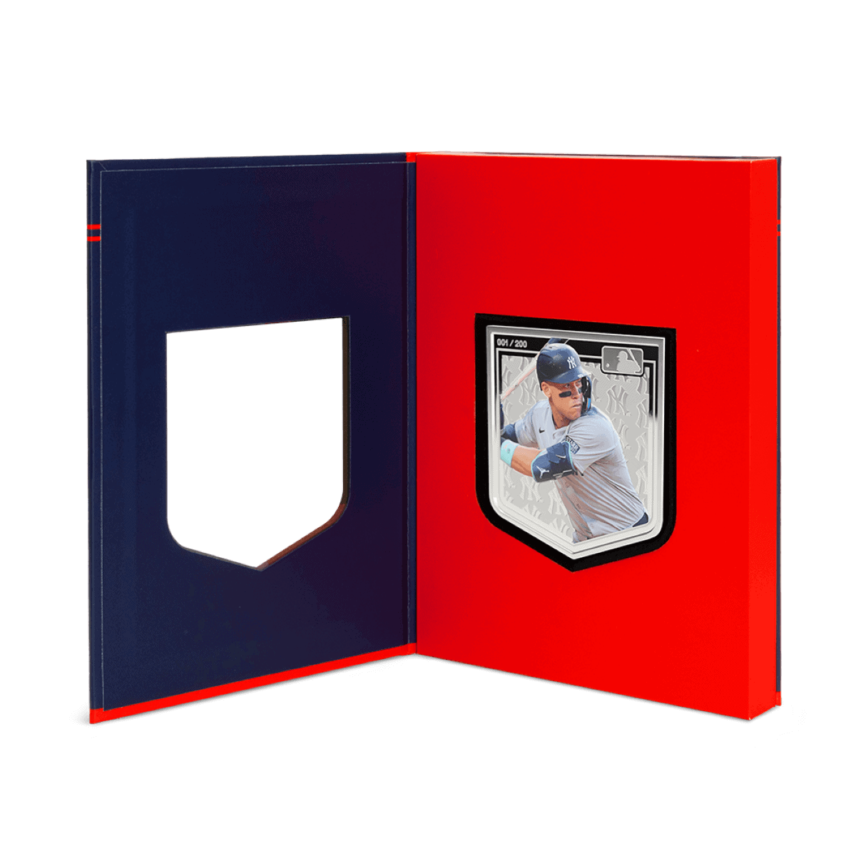 Golden State Warriors 2023 collectible baseball trading card inside a red and blue display case, featuring player in action with team logo and holographic details.