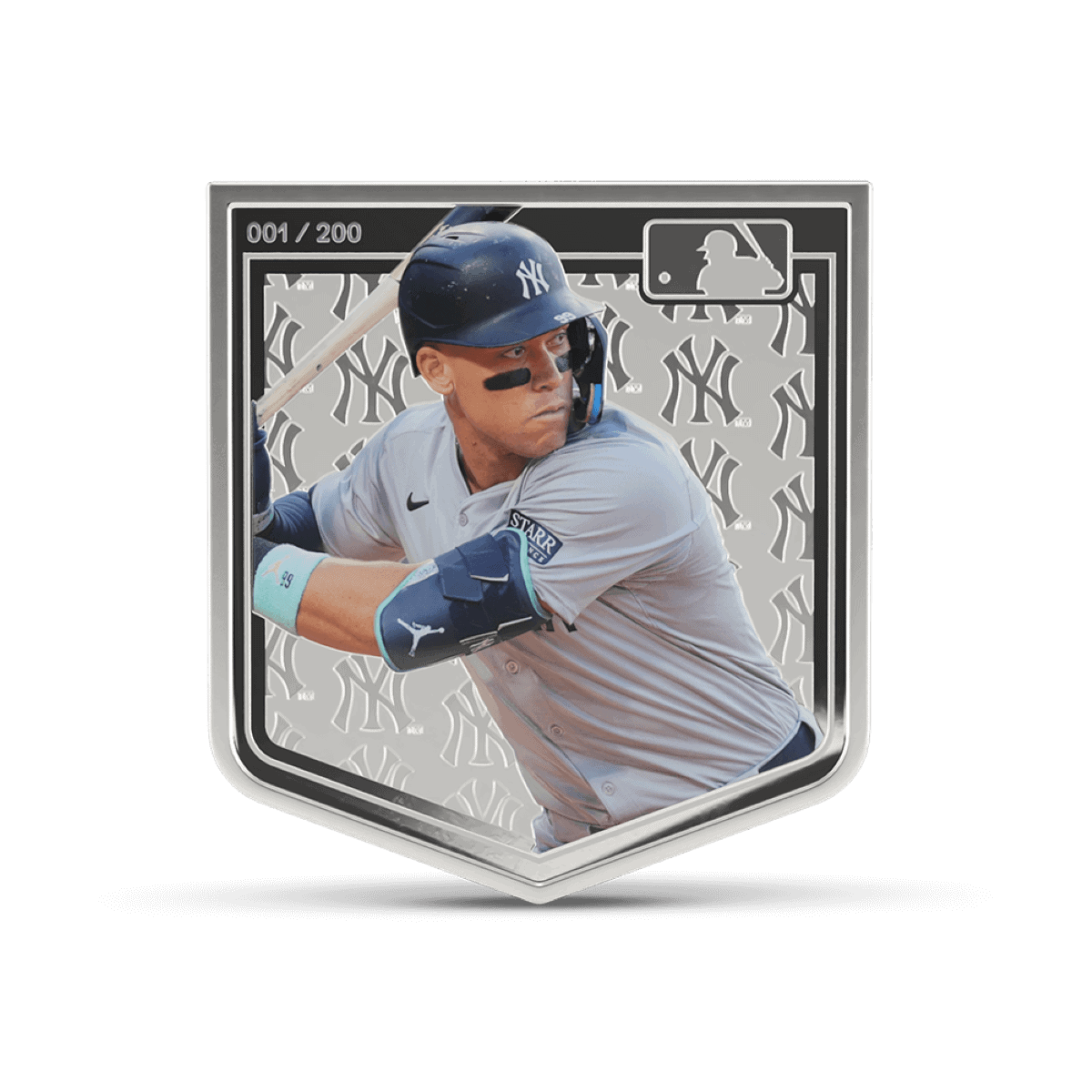 2020 USA New York Yankees collectible silver coin featuring a baseball player in batting stance, with intricate background and limited edition number 001/200.
