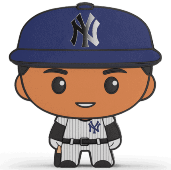 Front view of 2025 Niue 1 oz silver coin featuring chibi-style Aaron Judge in New York Yankees uniform and cap; cartoon proportions with oversized head and small body.