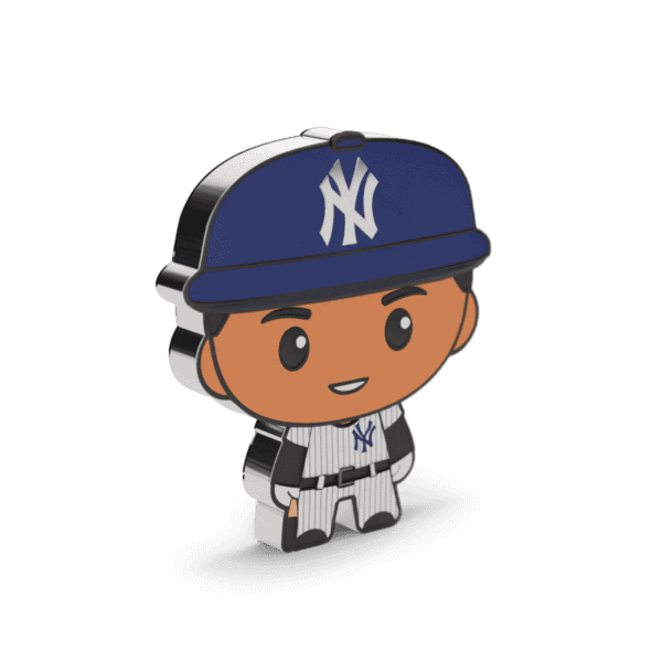 Left-side view of 2025 Niue 1 oz silver coin featuring chibi-style Aaron Judge in New York Yankees uniform and cap; cartoon proportions with oversized head and compact body.