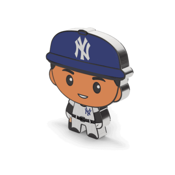 Right-side view of 2025 Niue 1 oz silver coin featuring chibi-style Aaron Judge in New York Yankees uniform and cap; stylized cartoon design with oversized head and compact body.
