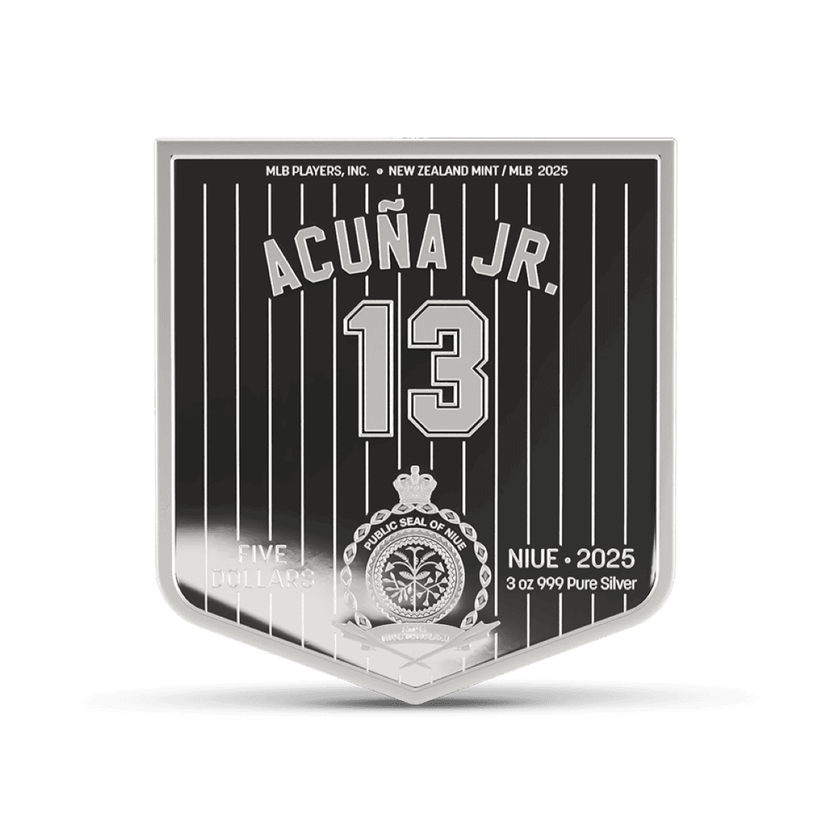 Shiny silver collectible coin featuring the New Zealand 2025 MLB player Acuña Jr. with detailed engravings including "Five Dollars" and "3 oz 999 Pure Silver".