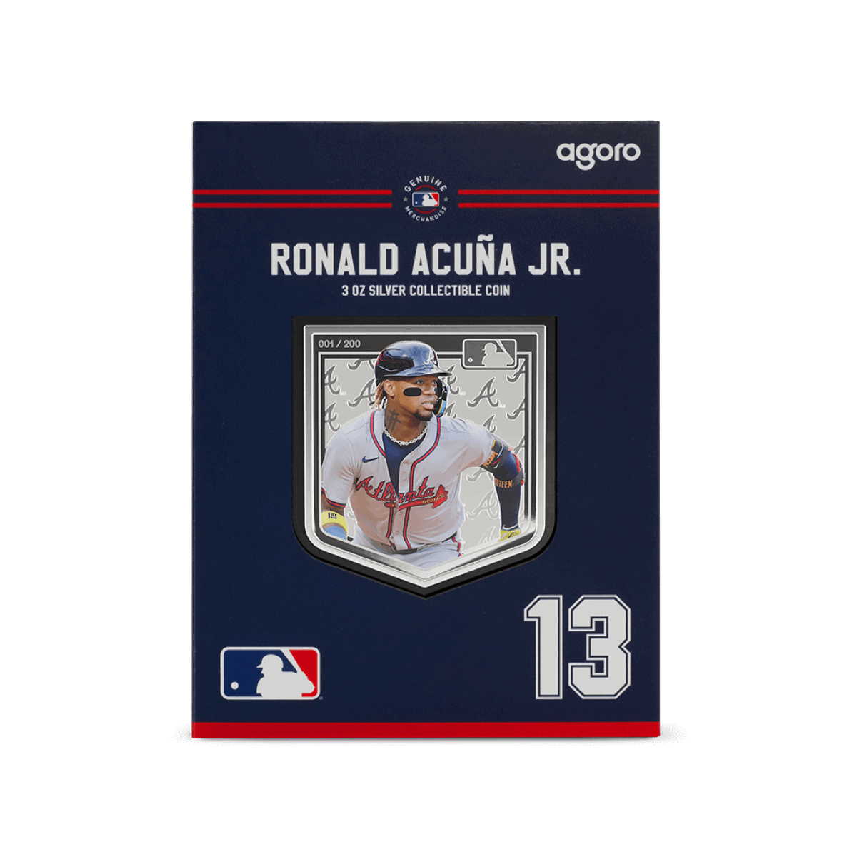 Limited edition 2023 USA Atlanta Braves Ronald Acuña Jr. 3 oz silver collectible coin, featuring a detailed portrait of the baseball star and team logo, numbered 001/200.