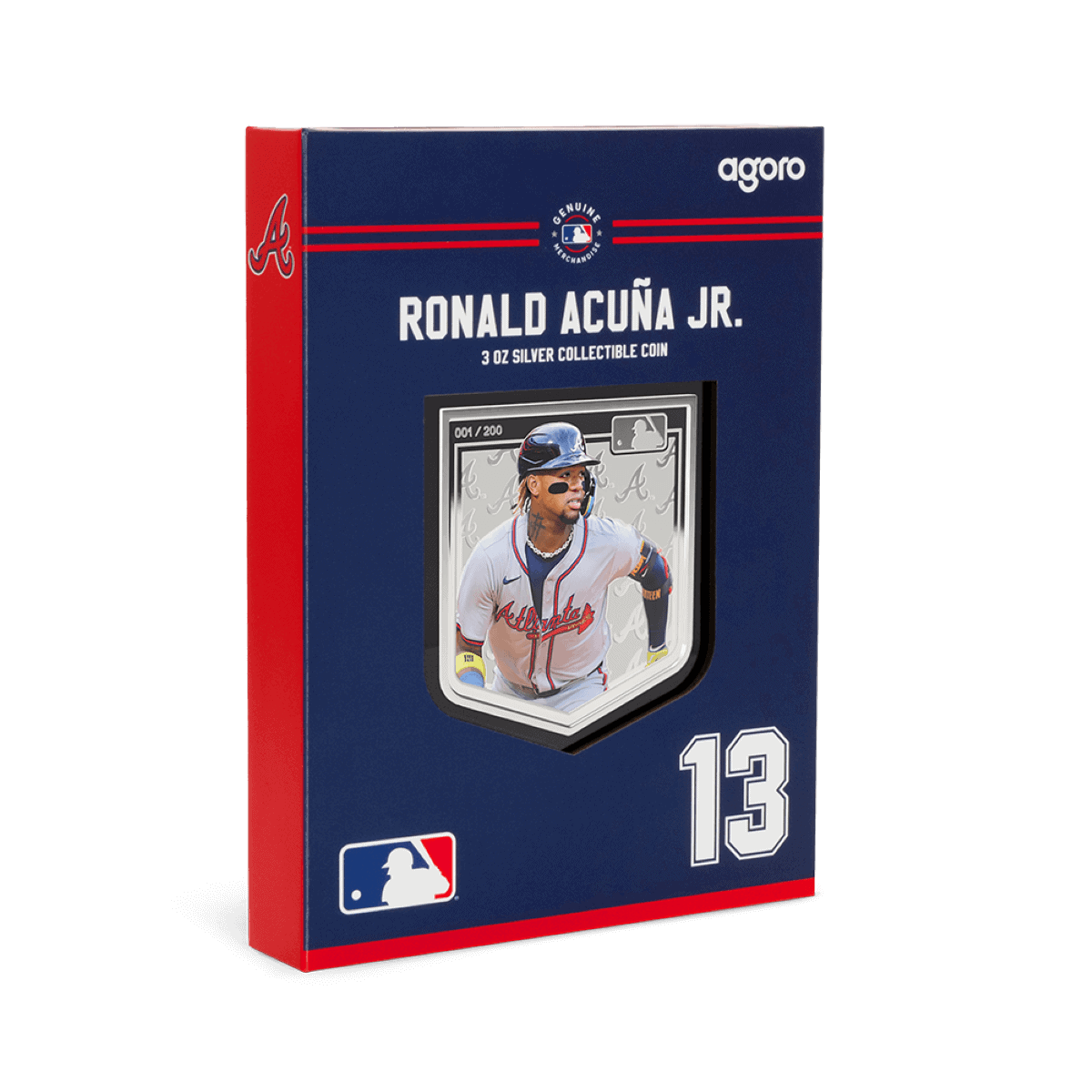 Ronald Acuña Jr. 3 oz silver collectible coin in official MLB packaging, featuring his image in Atlanta Braves uniform, numbered 001 of 200, with team logo and year.