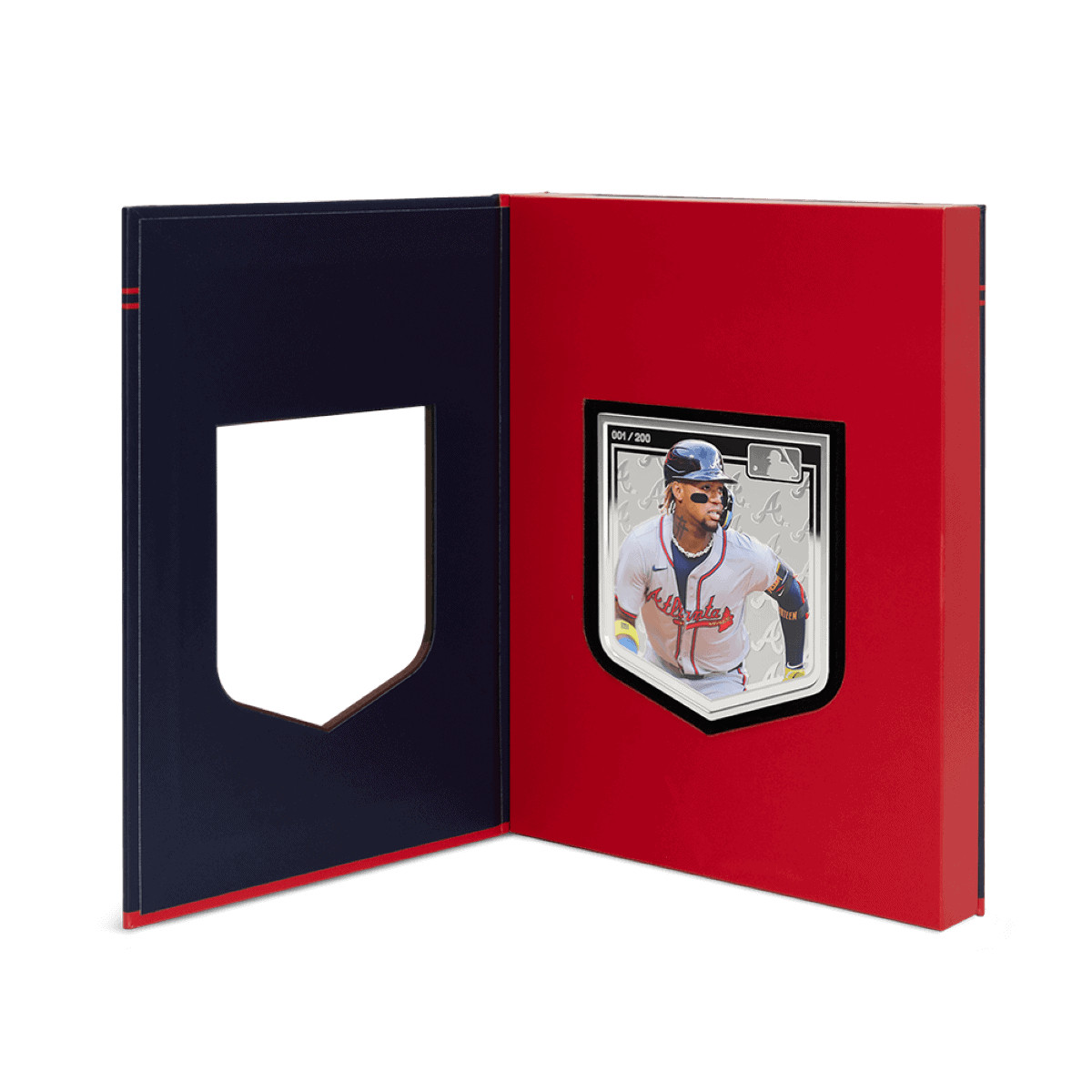2019 Atlanta Braves collectible baseball card coin inside a display case, featuring a player in uniform with team logo.