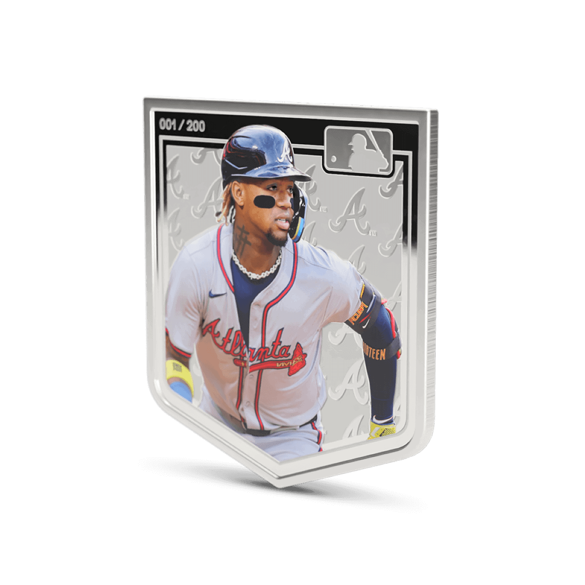 Atlanta Braves 2023 collectible baseball coin featuring player wearing uniform, helmet, and face paint, encapsulated in a display case, numbered 001 out of 200.
