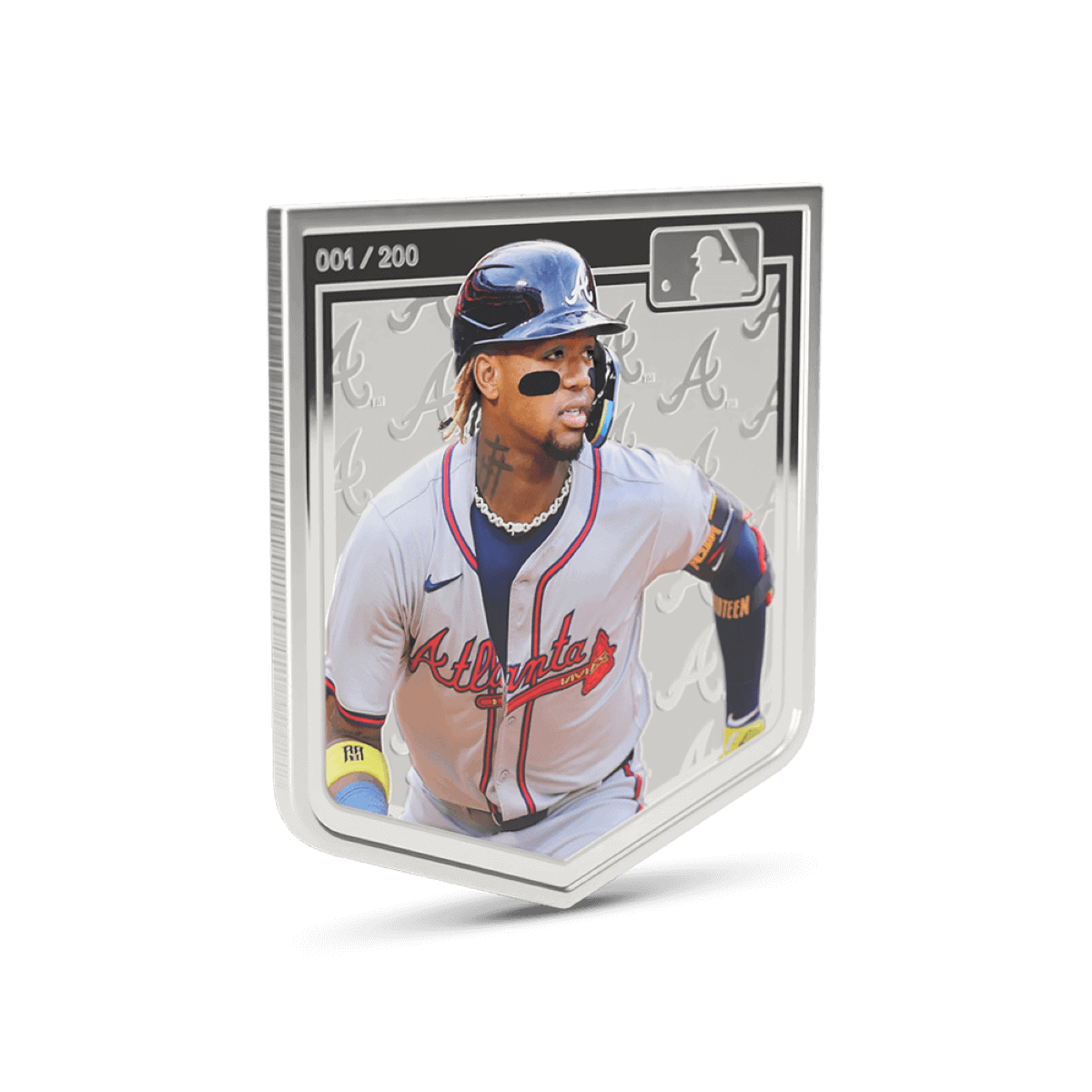 A collectible baseball card featuring a player in Atlanta Braves uniform, with a helmet and black face paint, surrounded by a transparent case, numbered 001/200.
